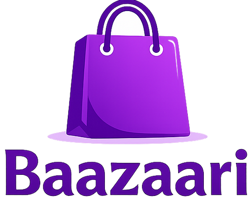 Purple shopping bag icon with 'Baazaari' text on a white background
