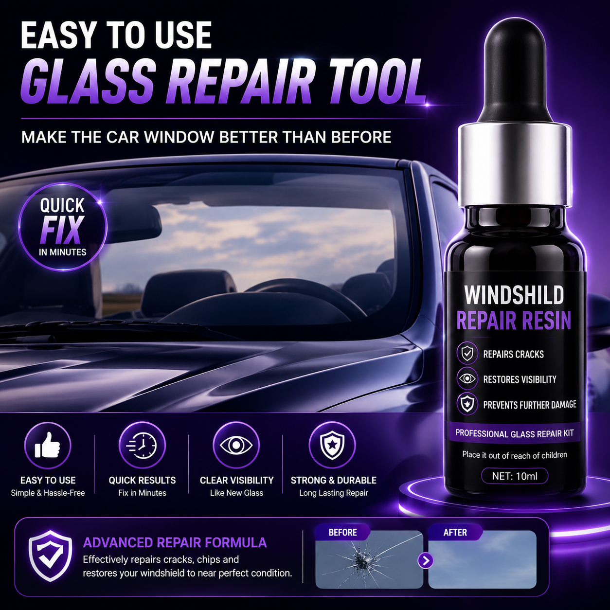 Windshield Repair Resin Kit – Quick Crack Repair Solution (Pack of 2)